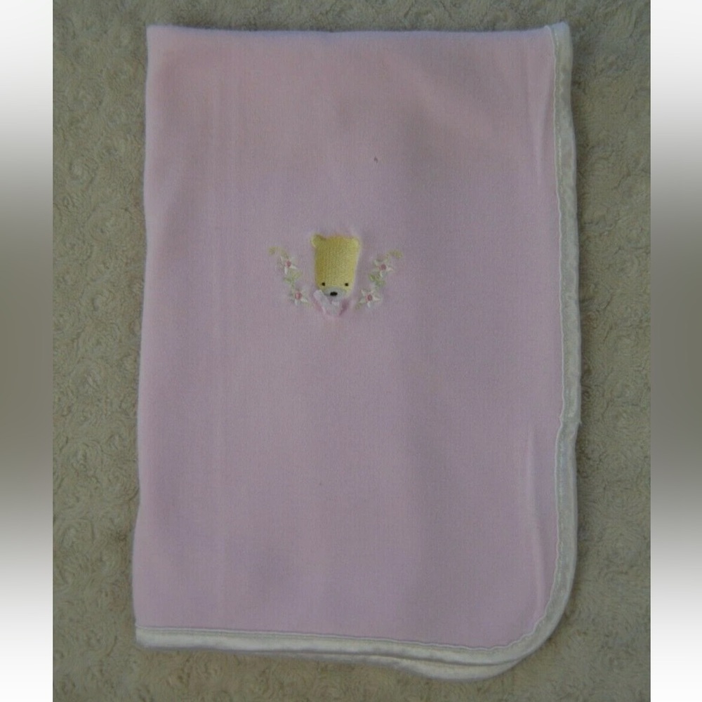 Rene Rofe Teddy Bear Face Baby Blanket Pink White Flowers Bow Security Lovey